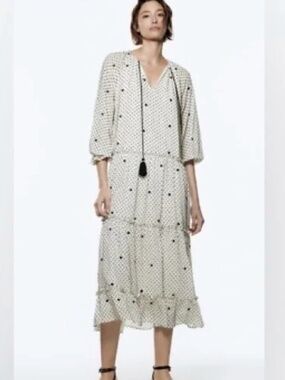 ZARA dotted mesh oversized embroidered dress swiss dot tassel oversized Size L
